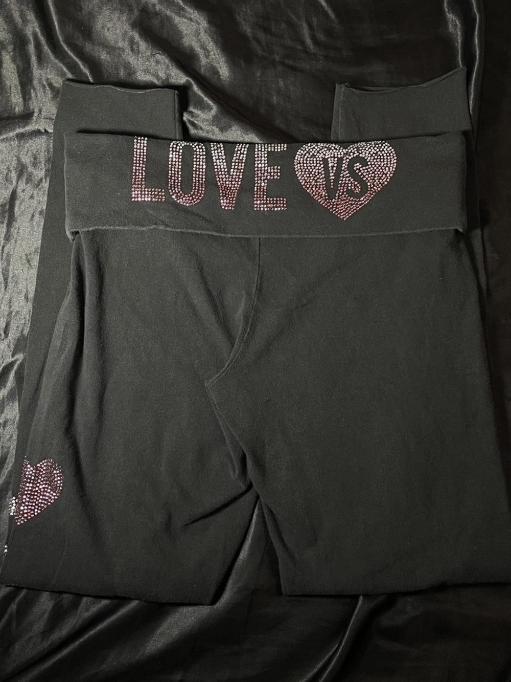 Victoria's Secret Black Fold-Over Waist Leggings with Pink Rhinestone Vintage